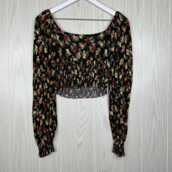 Urban Outfitters Smocked Floral Long Sleeve Blouse Black Womens Size Large - Picture 5 of 9
